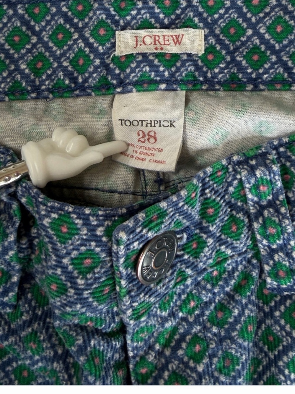 Vintage J.Crew Toothpick Patterned Corduroy Pants Size 28 Green Pink Blue - Picture 3 of 7
